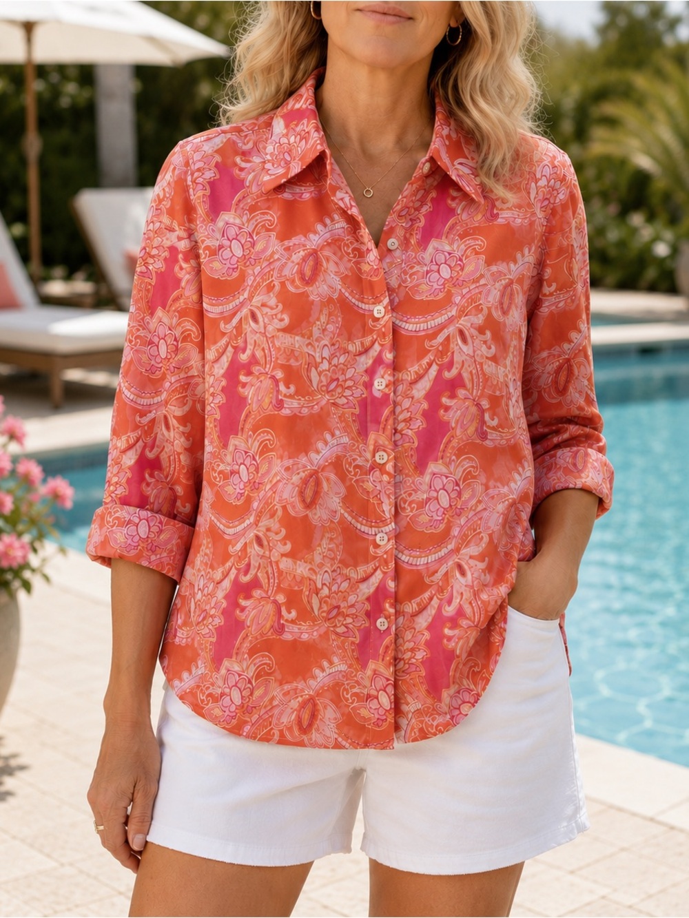 NWT Talbots Plus X Pink Orange Paisley Button Down Shirt 100% Cotton